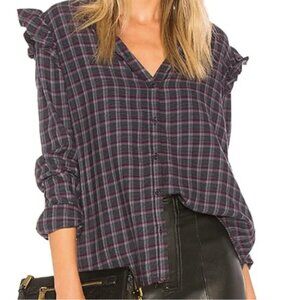 Paige Plaid Flannel Button Down with Ruffle Shoulder